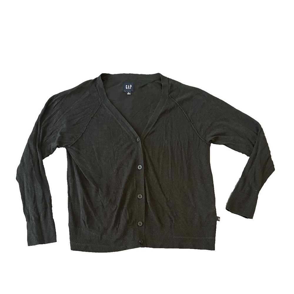GAP Linen Blend Black Preppy Womens Cardigan XL Academia Casual Quiet Luxury